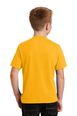 A yellow youth t-shirt viewed from the back, featuring a simple design and short sleeves.