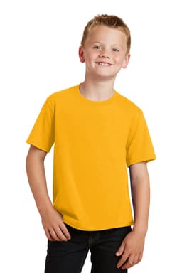 A yellow youth t-shirt, featuring short sleeves, displayed on a smiling child. The shirt has a logo on it.