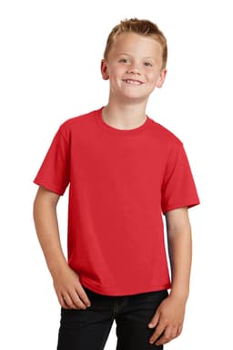 A red youth T-shirt with short sleeves, featuring a logo on the front and styled with black jeans.