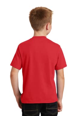 A red youth t-shirt with a simple design, featuring a logo on the back. Suitable for casual wear.