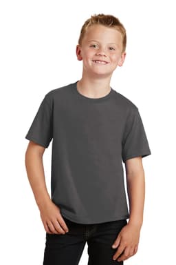 A youth short-sleeve t-shirt in grey, featuring a round neckline and a relaxed fit, held by a smiling boy.