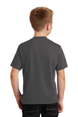A youth t-shirt in dark grey viewed from the back, featuring short sleeves and a logo.
