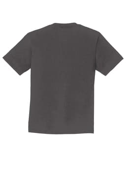 A grey youth t-shirt featuring short sleeves and a logo on the back.