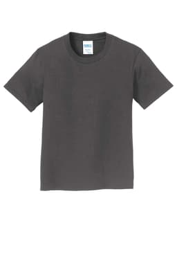A grey youth t-shirt with a round neck and short sleeves. The shirt has a branded label inside.