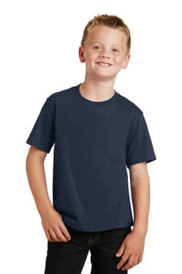 A navy blue youth t-shirt with a classic fit, featuring short sleeves and a crew neck. It has a logo.