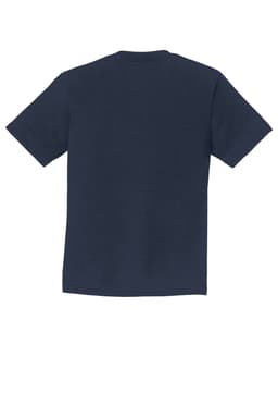 A navy blue youth t-shirt with short sleeves, featuring a plain back and a logo.