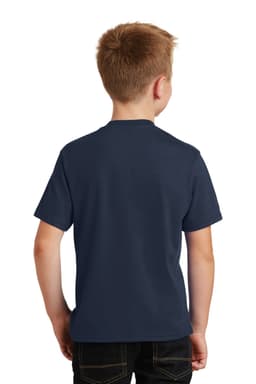 A navy blue youth t-shirt with a plain back view. It features short sleeves and a casual fit.