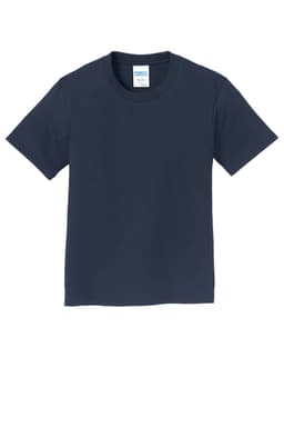 A navy blue youth T-shirt with short sleeves and a round neck, featuring a label and logo inside the collar.