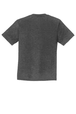 A dark grey youth t-shirt with short sleeves and a plain back, featuring a logo.