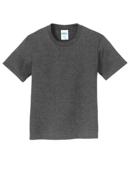 A grey youth t-shirt featuring a round neckline and short sleeves, with a logo on the label.