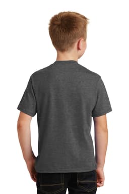 A grey youth t-shirt featuring short sleeves, shown from the back. The shirt has a logo on the back.
