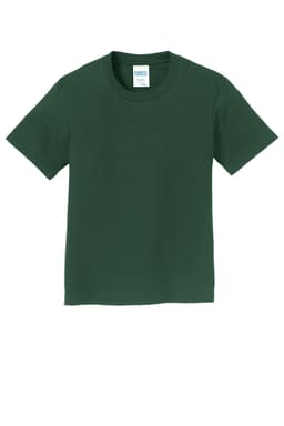 A green youth t-shirt with short sleeves and a round neckline; features a logo on the label.