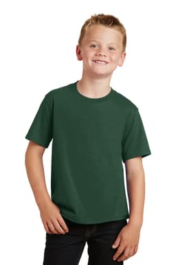 A youth t-shirt in dark green displayed on a smiling child, with short sleeves and a classic crew neck design.