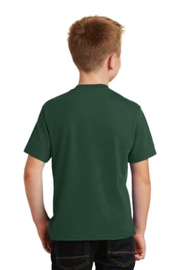 A green youth t-shirt is displayed from the back, featuring a simple design and short sleeves.