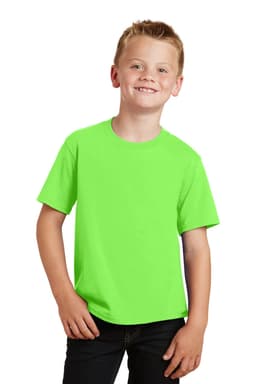 A youth t-shirt in bright green, featuring short sleeves and a relaxed fit, worn by a smiling child.