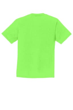 A bright green youth t-shirt with short sleeves and a back view, featuring a logo.
