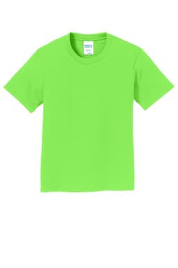 A bright green youth t-shirt with a round neckline and short sleeves. It features a brand label inside.
