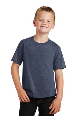 A youth short-sleeve T-shirt in navy blue, featuring a round neckline and a plain design.