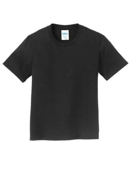 A black youth T-shirt with a classic crew neck and short sleeves, featuring a label inside.