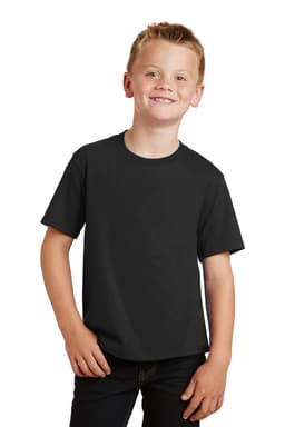 A black youth t-shirt is displayed on a smiling child, featuring a simple design and short sleeves.