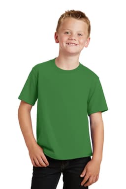 A green youth t-shirt displayed on a smiling child, featuring a blank front and short sleeves.