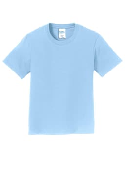 A light blue youth T-shirt featuring a round neckline and short sleeves. It has a brand label inside the collar.