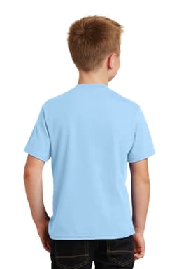 A light blue youth t-shirt with a standard crew neckline and short sleeves, featuring a logo on the back.