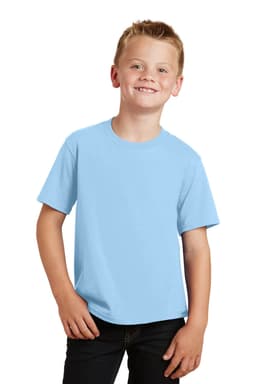 A youth t-shirt in light blue, featuring a round neckline and short sleeves, worn by a smiling child.