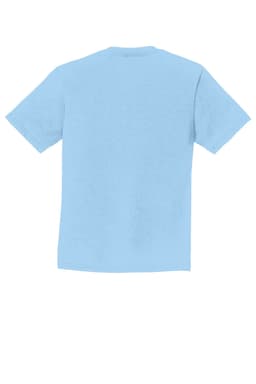 A light blue youth t-shirt with short sleeves and a plain back. The shirt has a small logo on one side.