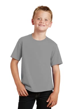 A youth wearing a short-sleeve grey T-shirt, standing with a smile, featuring a logo on the shirt.