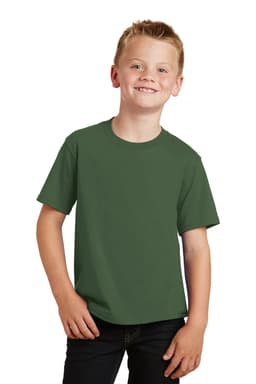 A youth model wearing a green short-sleeve T-shirt, featuring a logo on the front, paired with dark jeans.