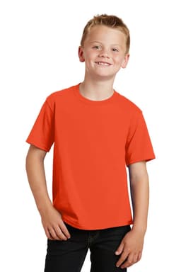 A child poses wearing an orange t-shirt. The shirt has short sleeves and a classic fit.
