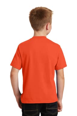 A youth T-shirt in vibrant orange, featuring a solid back and a simple crew neckline. It includes branding on the label.
