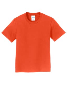 An orange youth T-shirt with a round neckline and short sleeves, featuring a logo on the label.