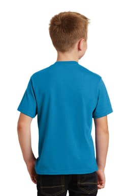 A youth t-shirt in bright blue, viewed from the back, featuring a plain design and a logo.