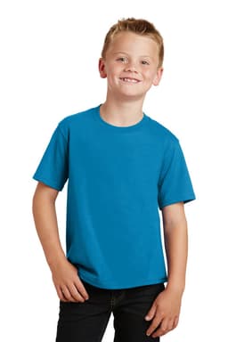 A youth t-shirt in bright blue, featuring short sleeves and a classic crew neckline. Includes a brand logo.