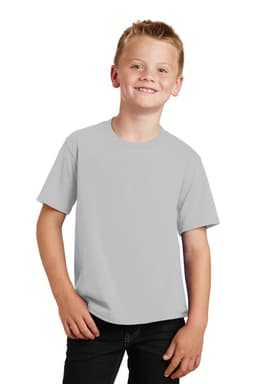 A light grey youth t-shirt displayed on a smiling boy, featuring short sleeves and a casual fit.