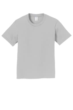 A light grey youth t-shirt with short sleeves featuring a round neckline and a logo.