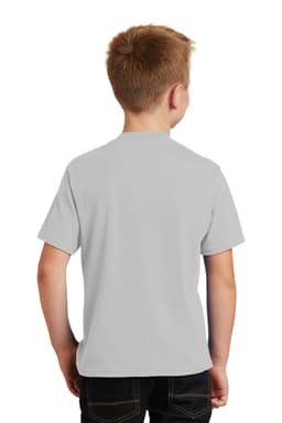 A youth grey t-shirt with a plain back design and a logo on the waistband. Suitable for casual wear.