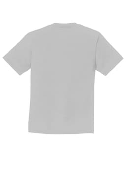 A grey youth t-shirt with short sleeves, featuring a blank back and a logo on the front.