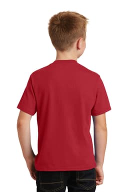 A red youth T-shirt without any visible branding, viewed from the back.