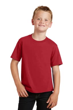 A youth red T-shirt with a crew neck and short sleeves, featuring a plain design and no text.