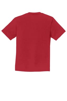 A red youth t-shirt with short sleeves and a plain back, featuring a logo on the front.