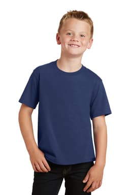 A navy blue youth t-shirt with short sleeves, featuring a logo on the front. The model is smiling.