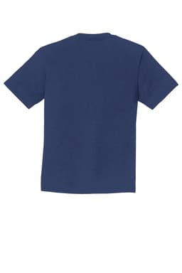 A navy blue youth t-shirt featuring short sleeves and a plain back design, with a logo on the label.