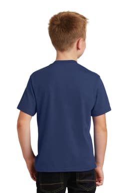 A navy blue youth t-shirt is displayed from the back, showcasing a simple design with no visible logos.