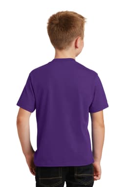 A purple youth T-shirt featured from the back, designed for casual wear. It has a branding logo.