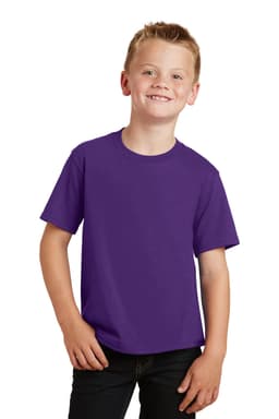 A purple youth t-shirt with short sleeves, featuring a logo or branding.