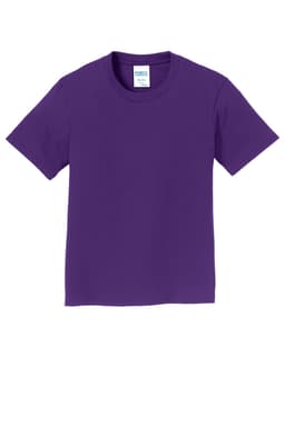 A purple youth t-shirt with a crew neck and short sleeves, featuring a logo on the label.