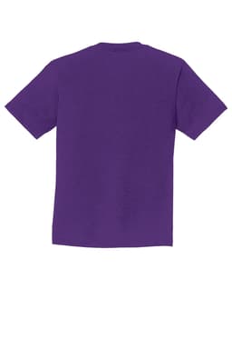 A purple youth T-shirt with short sleeves and a plain back. It features a logo in the corner.